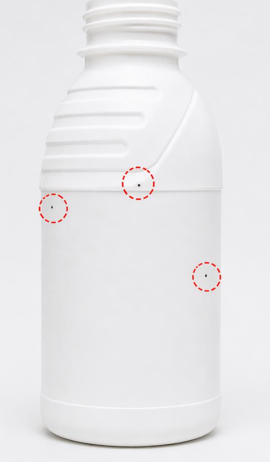Black spots on agrochemical HDPE bottle — detected by BIS STD+ vision system