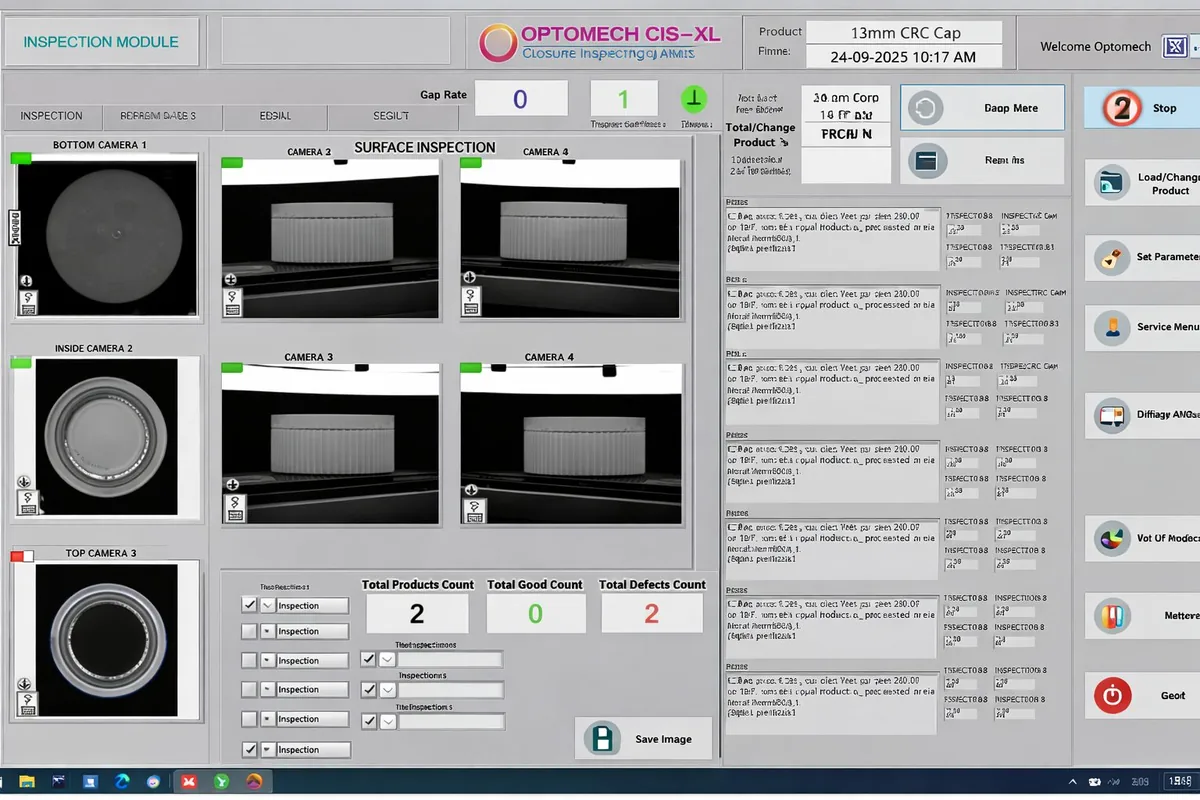 CIS-XL Inspection Software Interface — real-time cap defect visualisation and classification