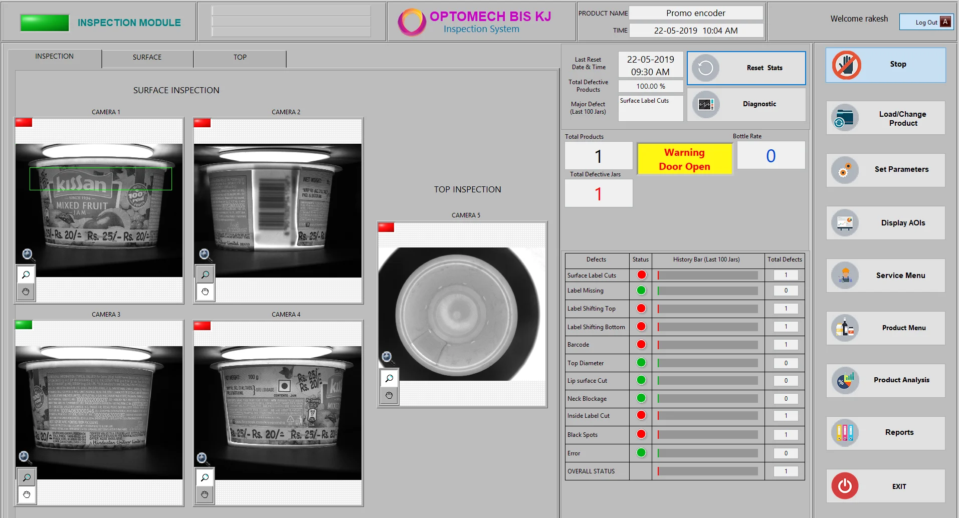 Optomech IML Label Inspector — Inspection Software Interface showing live defect display and product database