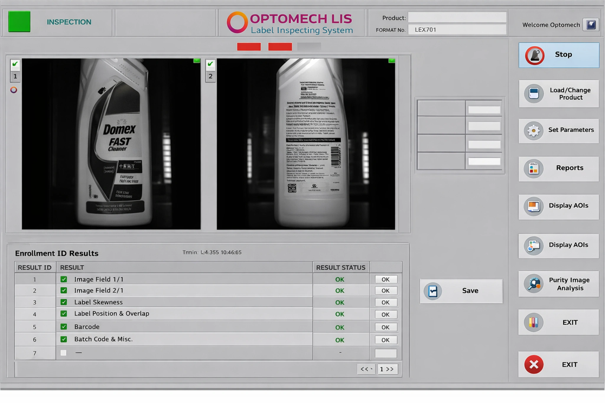 Optomech LIS 2S — Inspection Software Interface showing live defect display and product database