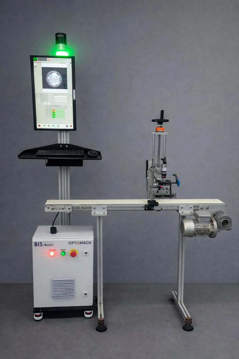Optomech BIS-SC sealing surface inspection machine — single camera overhead inspection unit with control console