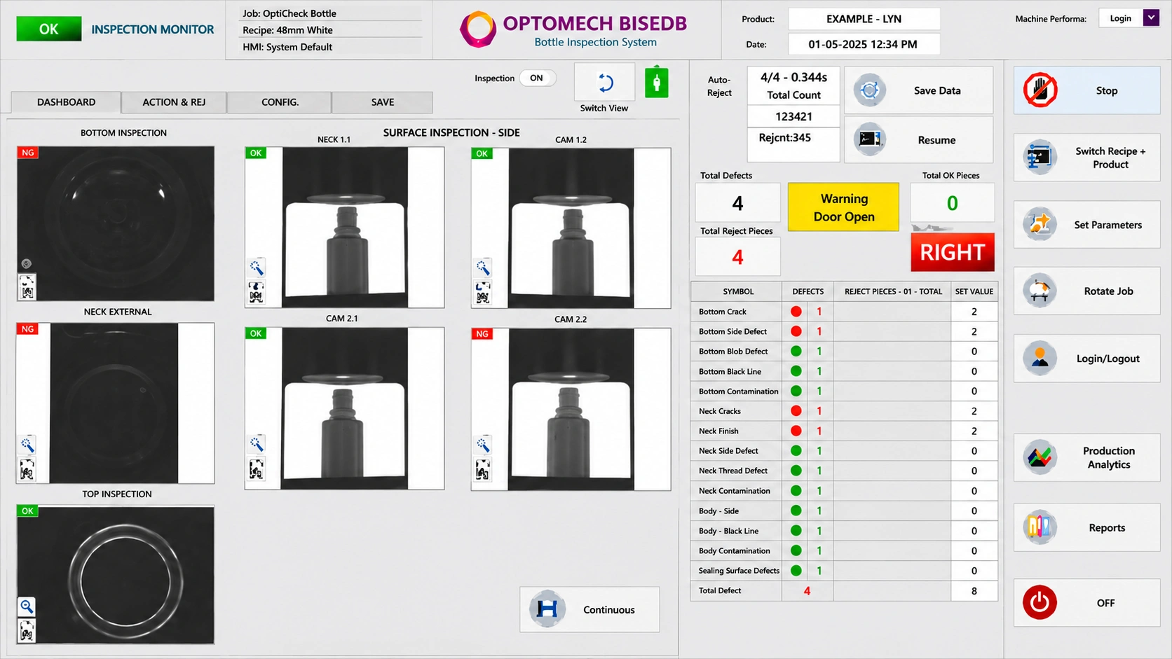 BIS-EDB inspection software screen — real-time defect detection and 21 CFR Part 11 reporting