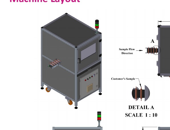 FDIS machine layout isometric view with conveyor cradles and sample flow