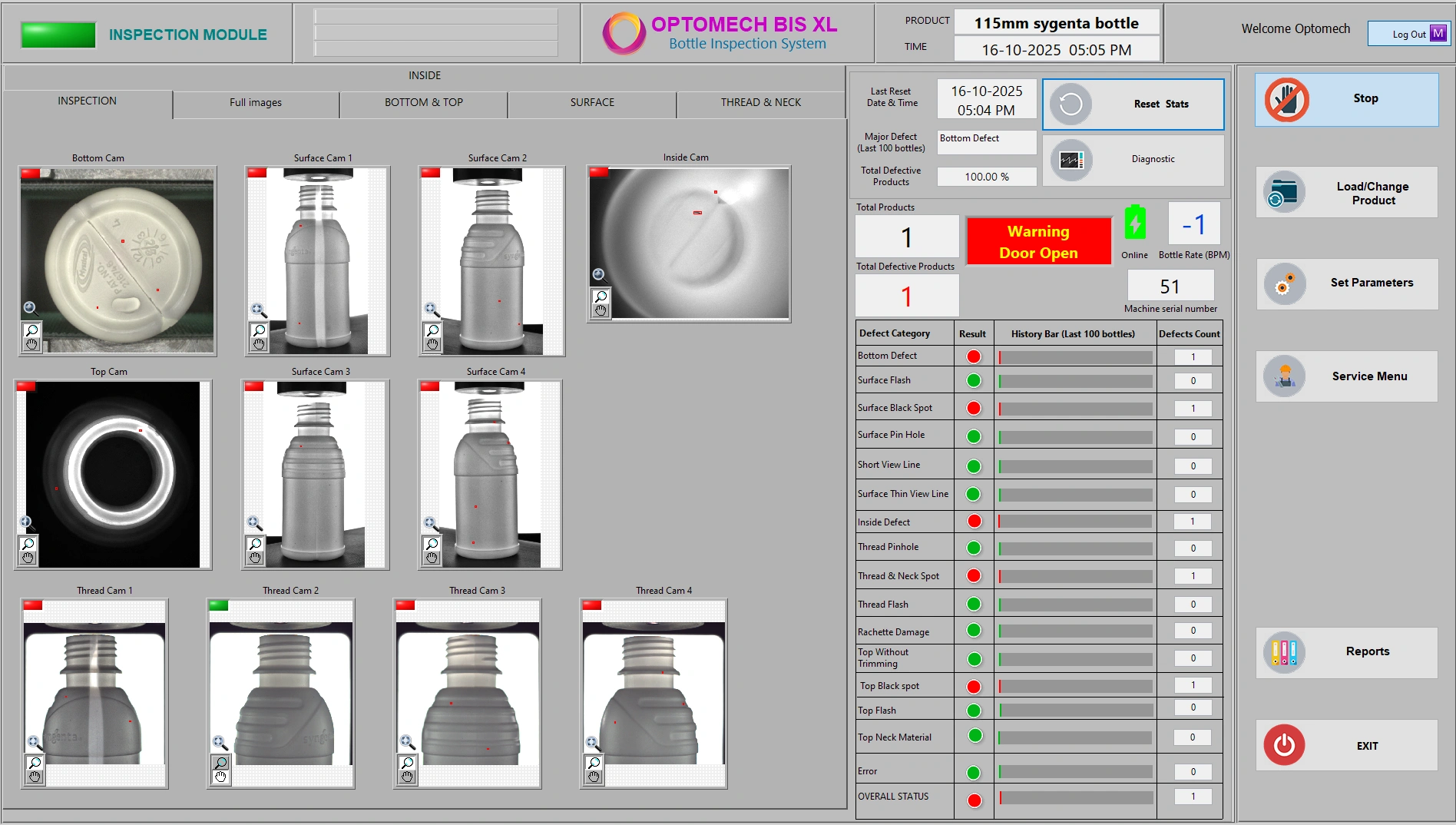 BIS STD+ software inspection screen — showing real-time defect detection on agrochemical bottles