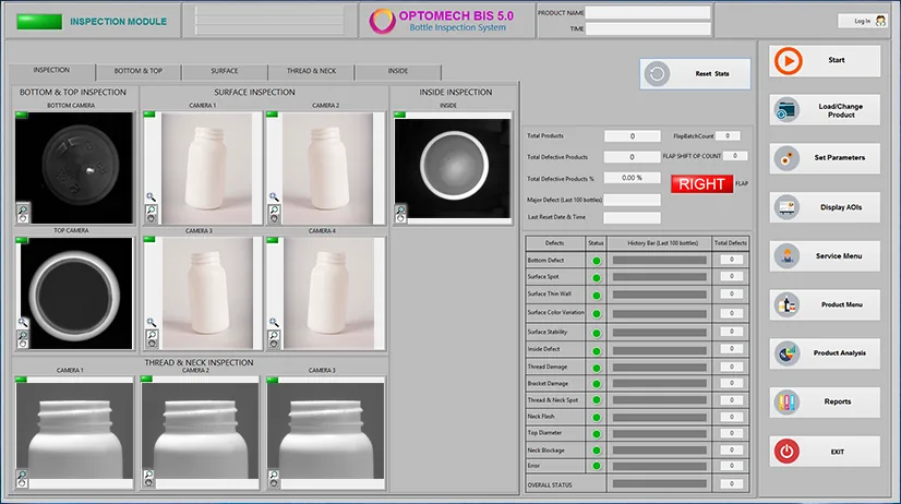 Optomech BIS touchscreen HMI showing live inspection dashboard with defect trends, batch data and camera feeds