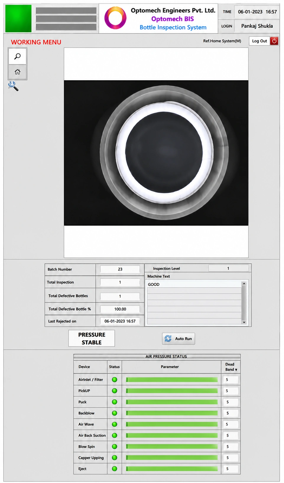 Optomech BIS-SC software screen — showing sealing surface inspection image and defect detection overlays