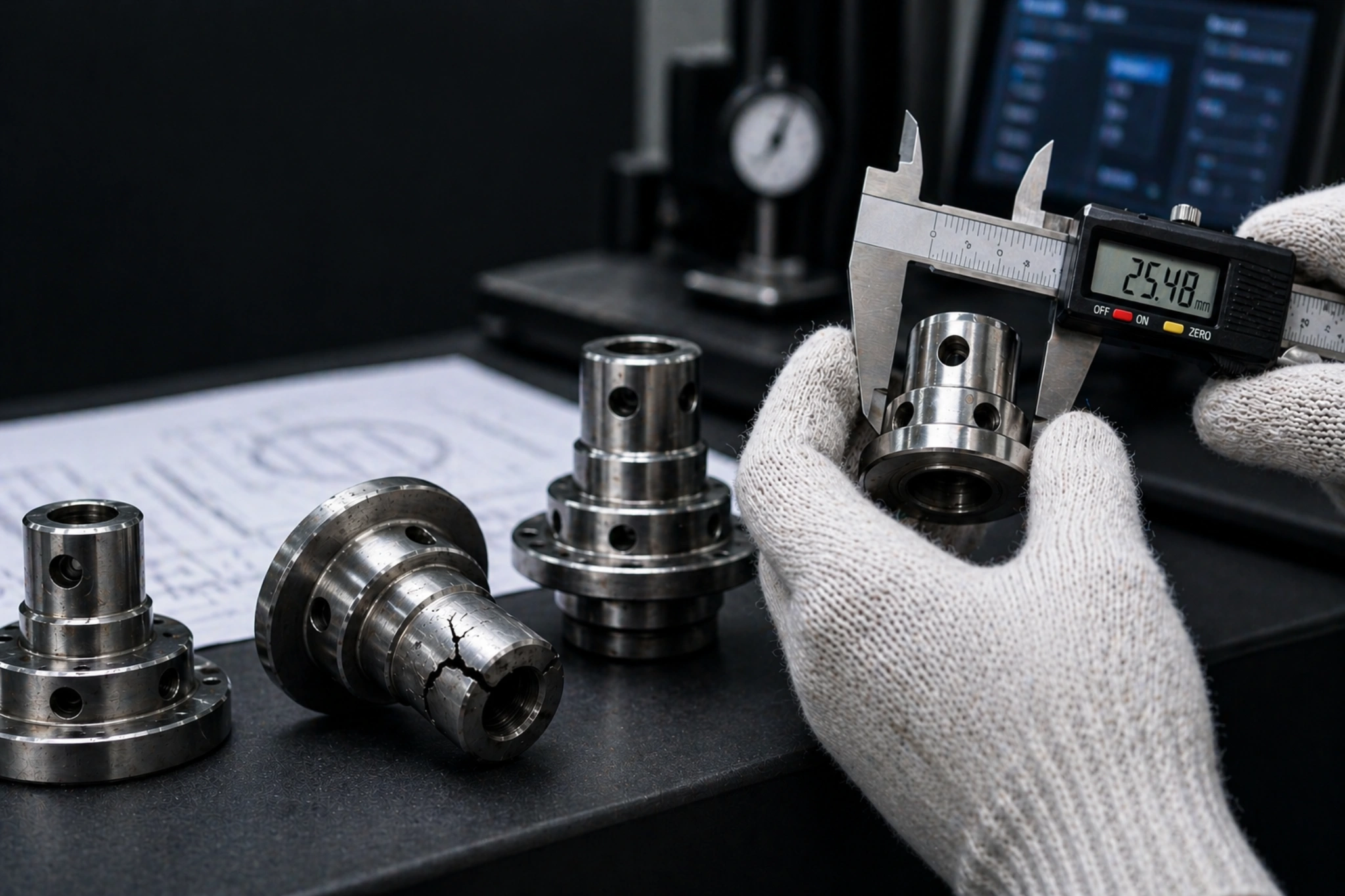Precision machined components laid out for dimensional inspection — quality failures traced back to measurement inconsistency